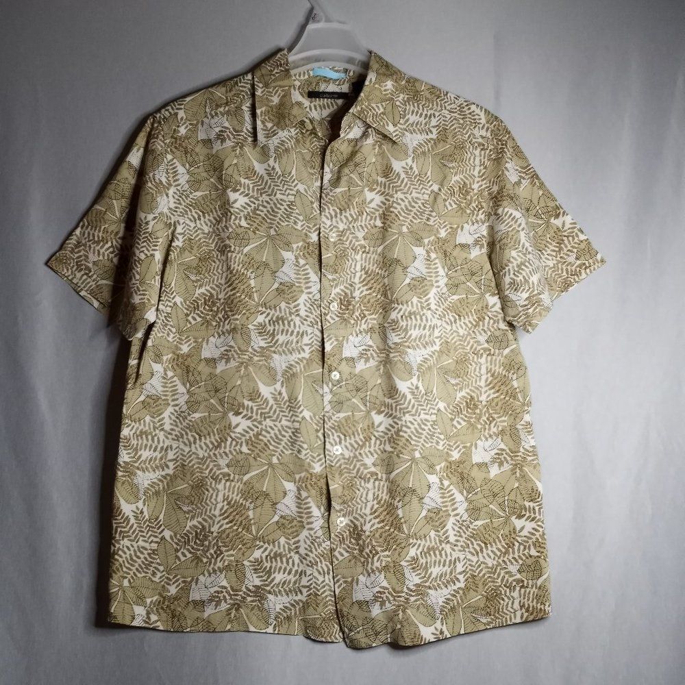 Claiborne Modern Fit Silk/Linen Tan Floral Short Sleeve Men's Button Shirt Size